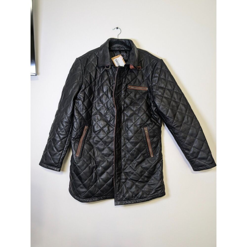 Men’s Quilted Leather Car Coat Black Brown Trim Luxe Minimalist L Heritage NWT - Picture 2 of 12